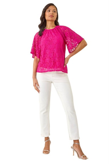 Roman Magenta Lace Angel Sleeve Stretch Top