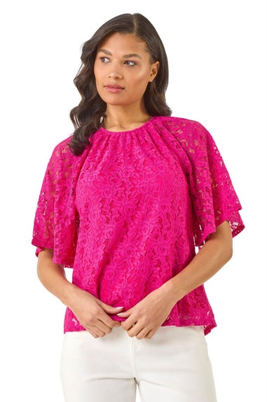 Roman Magenta Lace Angel Sleeve Stretch Top