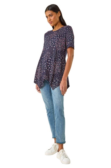 Roman Plum Floral Print Hanky Hem Tunic Top