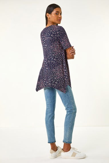 Roman Plum Floral Print Hanky Hem Tunic Top
