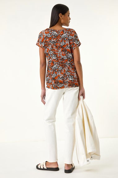 Roman Rust Printed V Neck Banded Hem Top