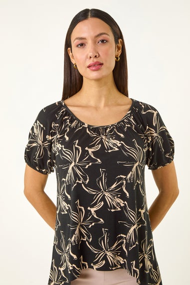 Roman Black Leaf Print Asymmetric Stretch Tunic Top