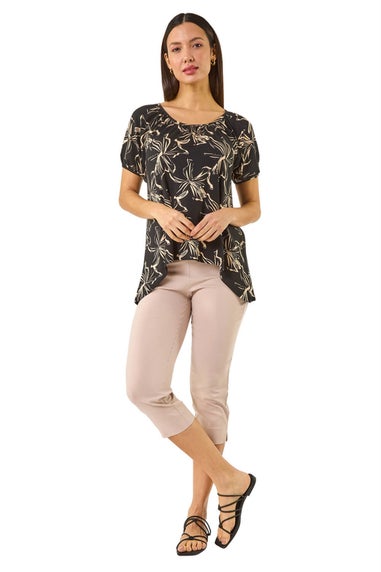 Roman Black Leaf Print Asymmetric Stretch Tunic Top