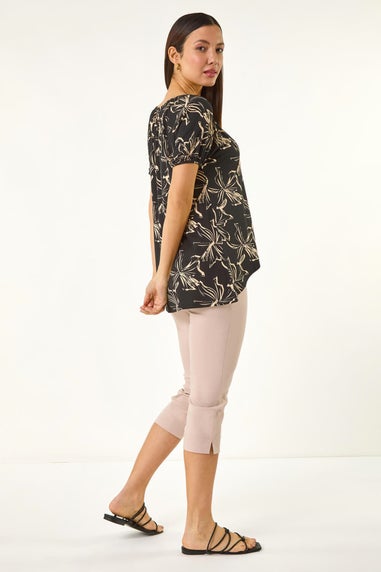 Roman Black Leaf Print Asymmetric Stretch Tunic Top