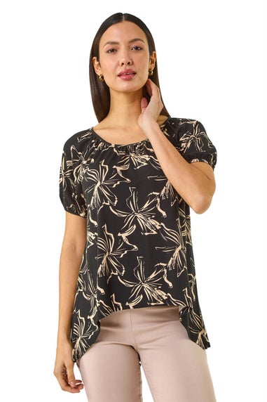 Roman Black Leaf Print Asymmetric Stretch Tunic Top