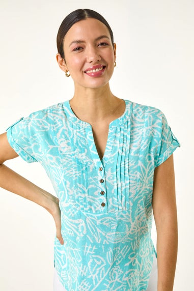 Roman Turquoise Leaf Print V Neck Button Top