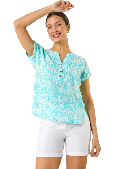 Roman Turquoise Leaf Print V Neck Button Top