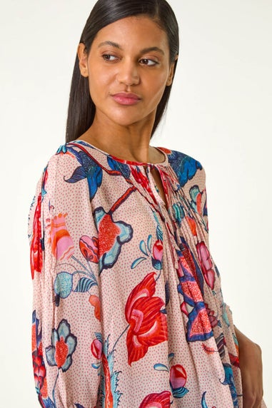 Roman Blue Floral Print Tie Front Top