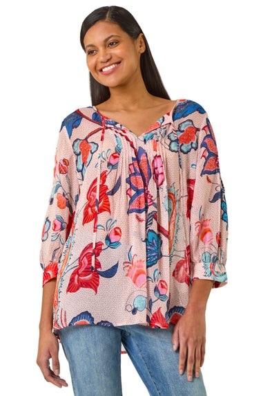 Roman Blue Floral Print Tie Front Top