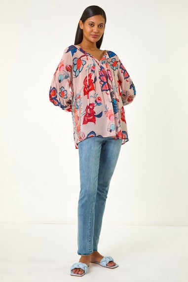 Roman Blue Floral Print Tie Front Top