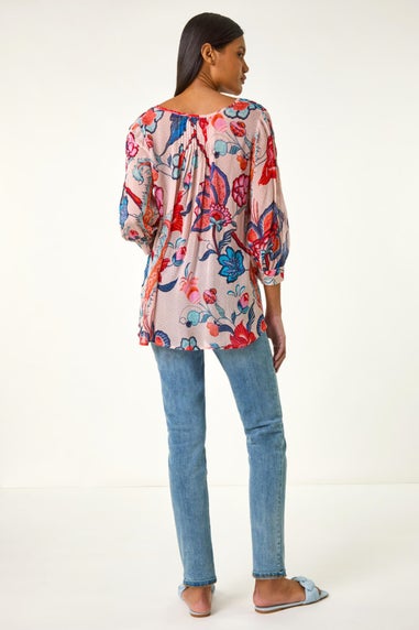 Roman Blue Floral Print Tie Front Top