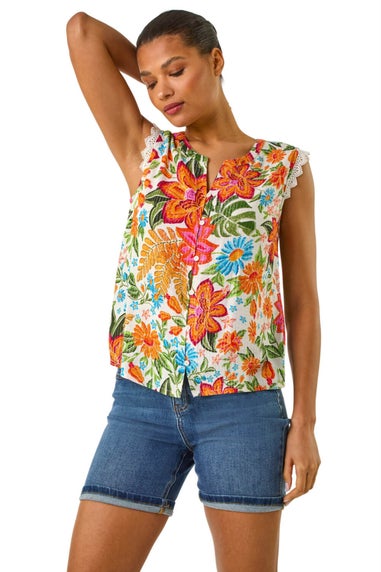Roman Orange Floral Print Lace Detail Vest