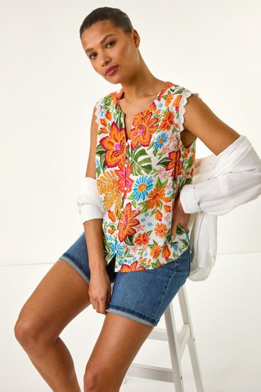 Roman Orange Floral Print Lace Detail Vest