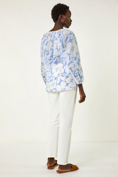 Roman Blue Floral Print Tie Neck Tunic Top