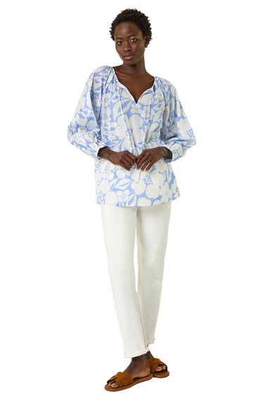 Roman Blue Floral Print Tie Neck Tunic Top