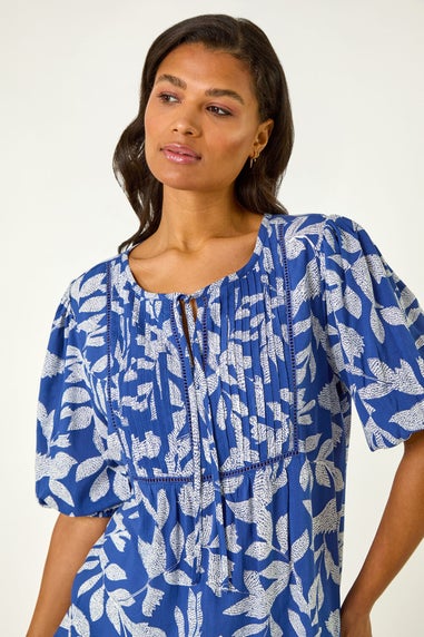 Roman Blue Leaf Print Tie Neck Pleated Top