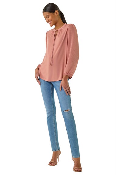 Roman Peach Tie Neck Shimmer Dobby Sleeve Top