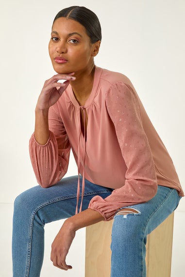 Roman Peach Tie Neck Shimmer Dobby Sleeve Top