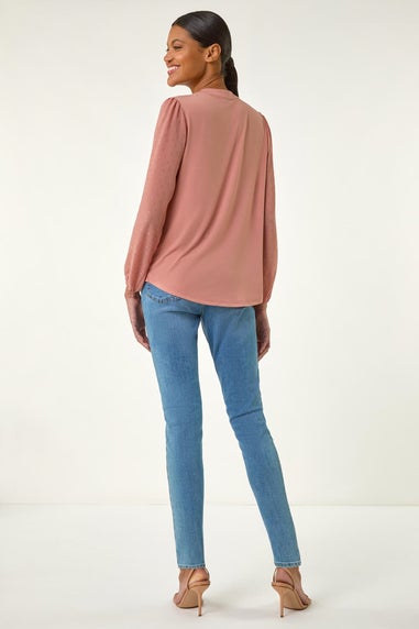Roman Peach Tie Neck Shimmer Dobby Sleeve Top