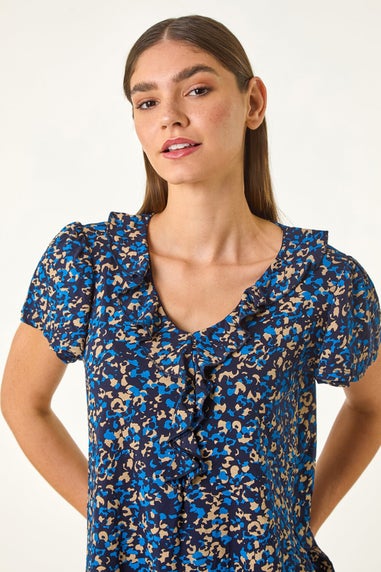 Roman Navy Printed Ruffle V Neck Stretch Top