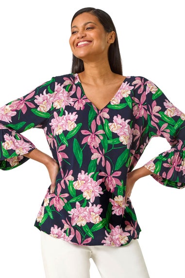 Roman Pink Floral Flare Sleeve Top