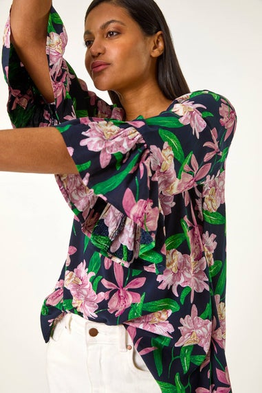 Roman Pink Floral Flare Sleeve Top