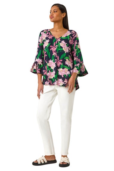 Roman Pink Floral Flare Sleeve Top