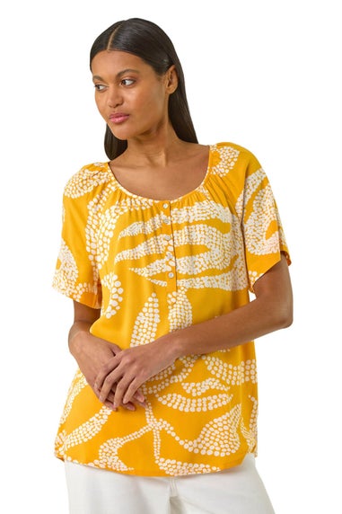Roman Yellow Leaf Print Button Detail Top