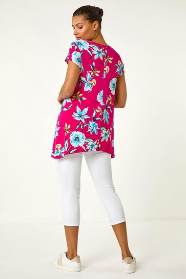 Roman Fuchsia Floral Print Hanky Hem Stretch Tunic Top