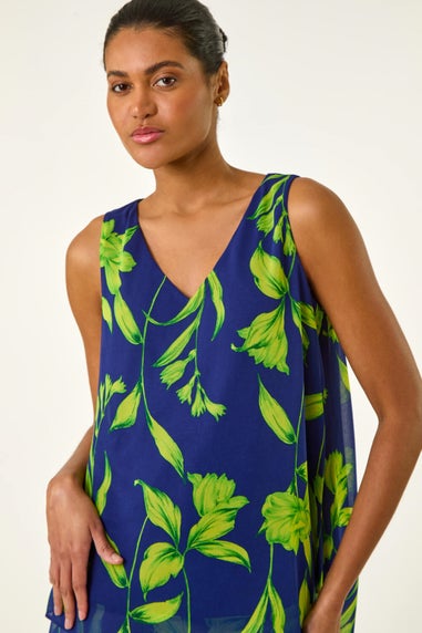 Roman Navy Floral Print Wrap Overlay Top