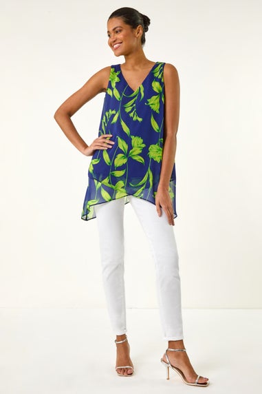 Roman Navy Floral Print Wrap Overlay Top
