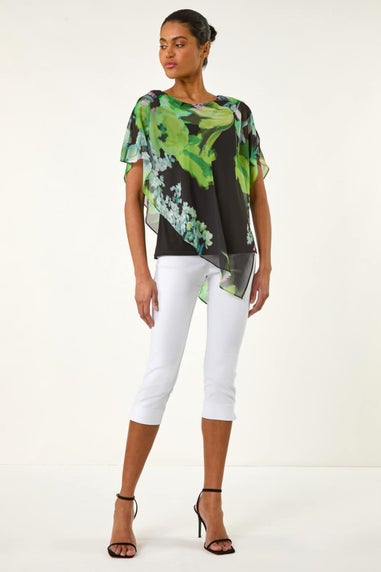 Roman Green Floral Print Asymmetric Overlay Top