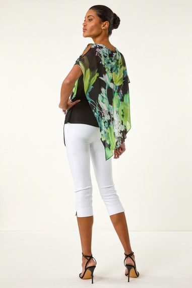 Roman Green Floral Print Asymmetric Overlay Top