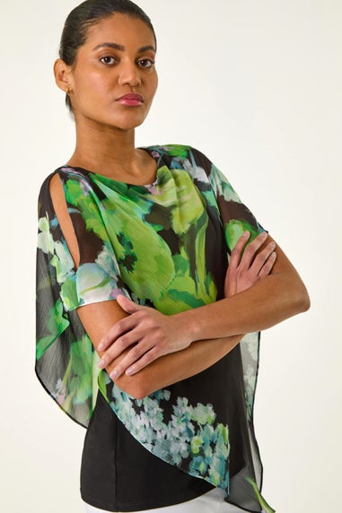 Roman Green Floral Print Asymmetric Overlay Top