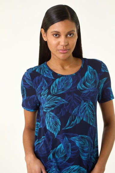 Roman Navy Leaf Print Stretch Tunic Top