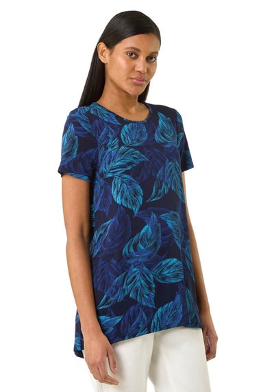 Roman Navy Leaf Print Stretch Tunic Top