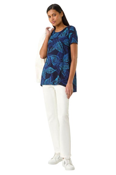 Roman Navy Leaf Print Stretch Tunic Top
