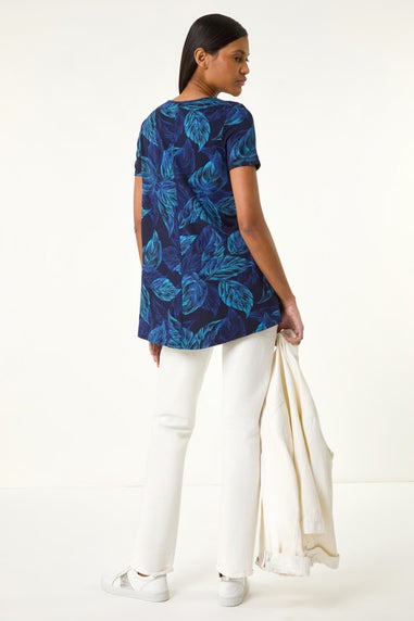 Roman Navy Leaf Print Stretch Tunic Top