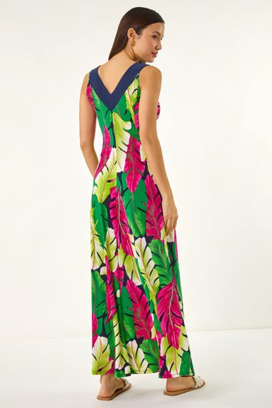 Roman Green Leaf Print Contrast Band Maxi Dress
