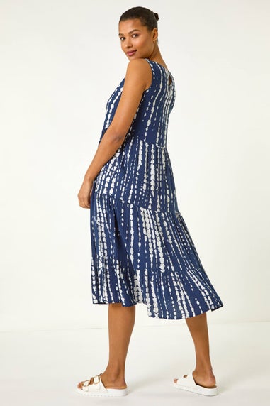 Roman Navy Tie Dye Print Smock Midi Dress