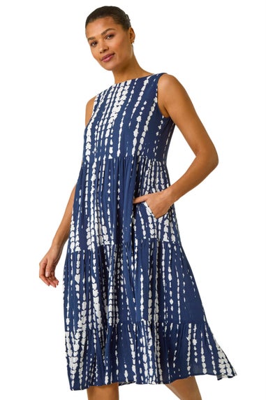 Roman Navy Tie Dye Print Smock Midi Dress