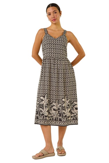 Roman Black Palm Border Print Midi Sundress