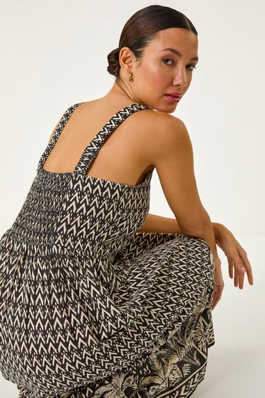 Roman Black Palm Border Print Midi Sundress