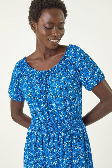 Roman Royal Blue Ditsy Print Frill Stretch Midi Dress