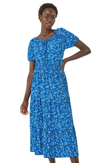 Roman Royal Blue Ditsy Print Frill Stretch Midi Dress