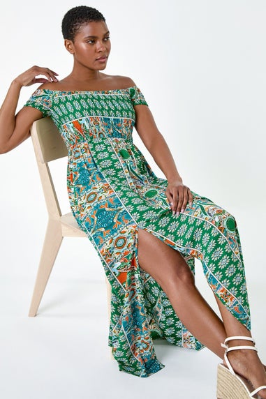 Roman Green Patchwork Shirred Bardot Maxi Dress