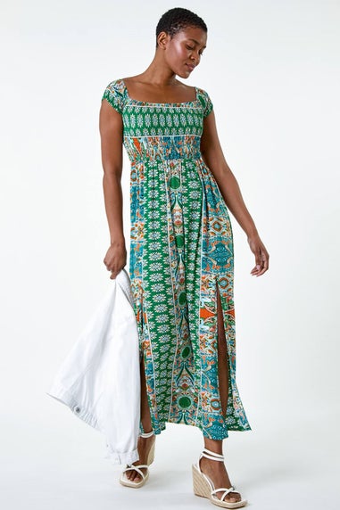 Roman Green Patchwork Shirred Bardot Maxi Dress