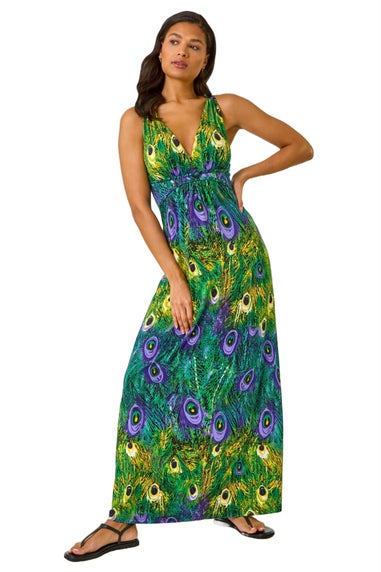 Roman Green Peacock Printed Stretch Maxi Dress
