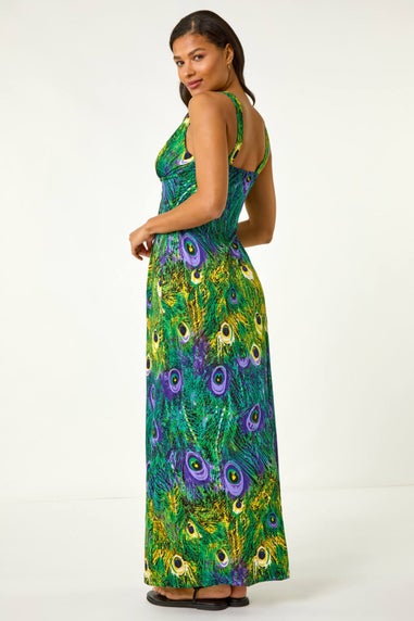 Roman Green Peacock Printed Stretch Maxi Dress