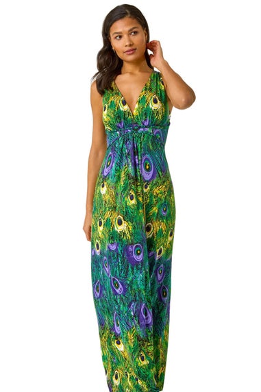 Roman Green Peacock Printed Stretch Maxi Dress